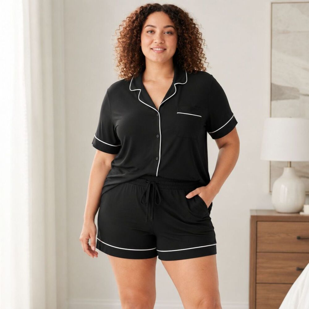 Auden Women’s XL Black Modal Pajama Set Button Front Shorts Pockets